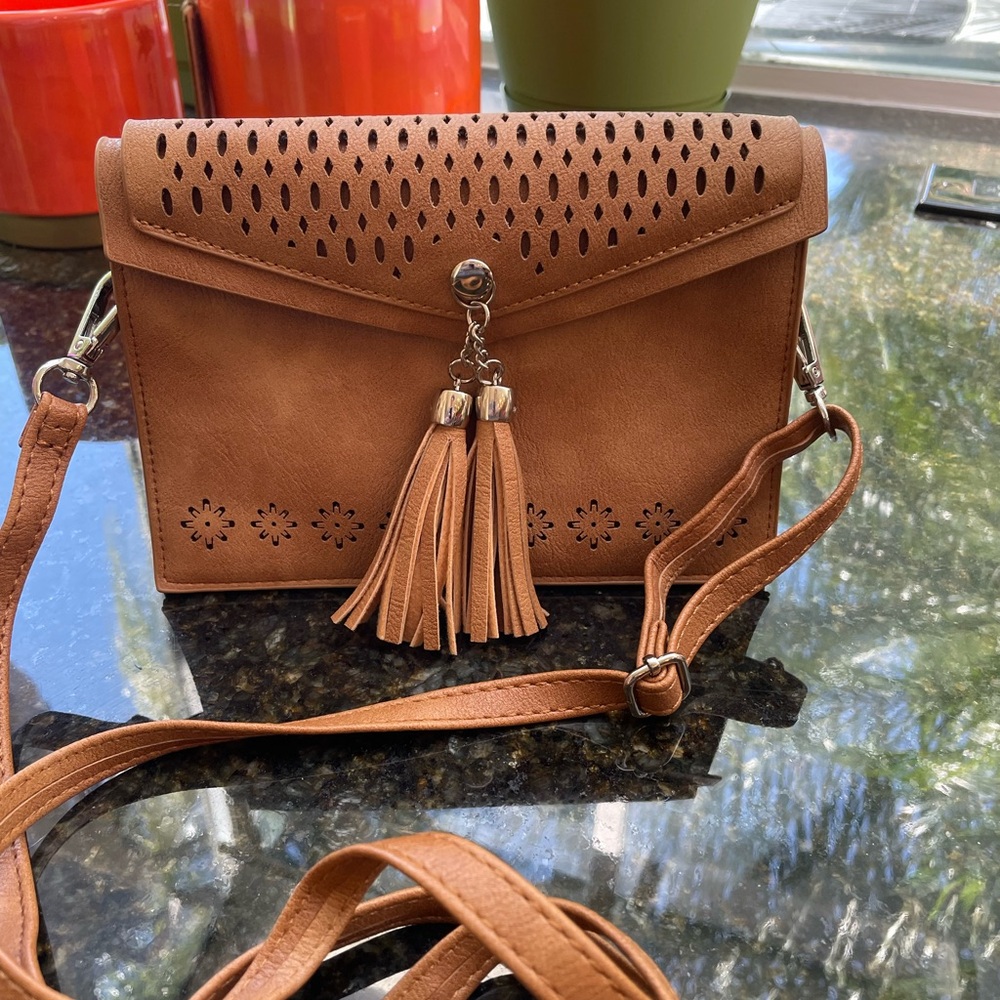 NWOT - Faux Leather Tan Tassel Clutch + Crossbody